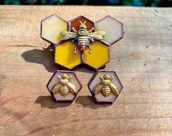 Stained Glass Bumblebee Earrings: Honeycomb Charm, Bee Jewelry