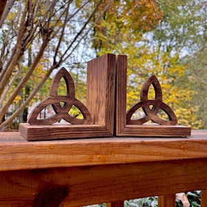 Handmade Celtic Knot Bookends: Dark Walnut Wooden Infinity Knot Decor