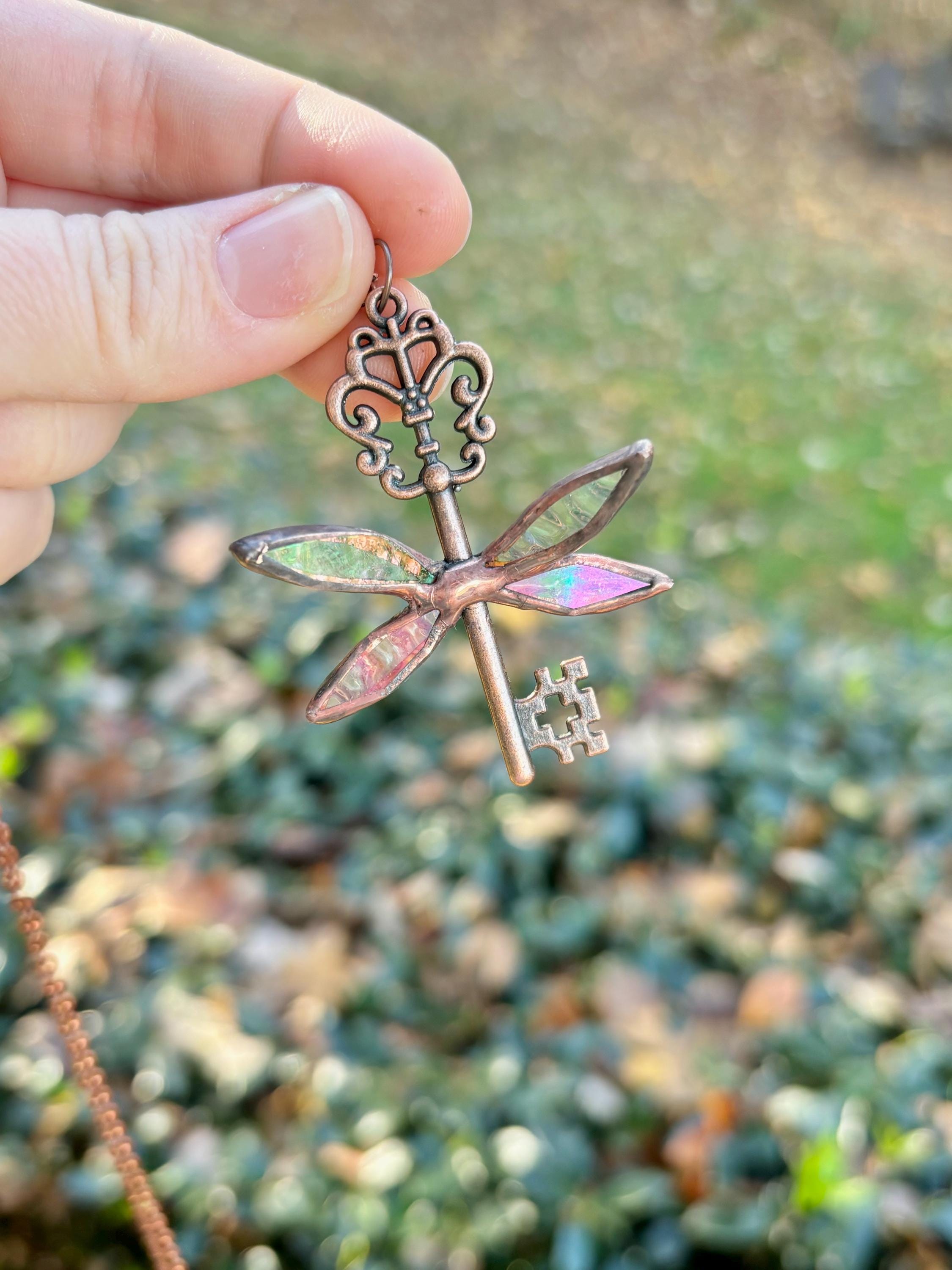 Stained Glass Flying Key Pendant: Fairy Wing Necklace