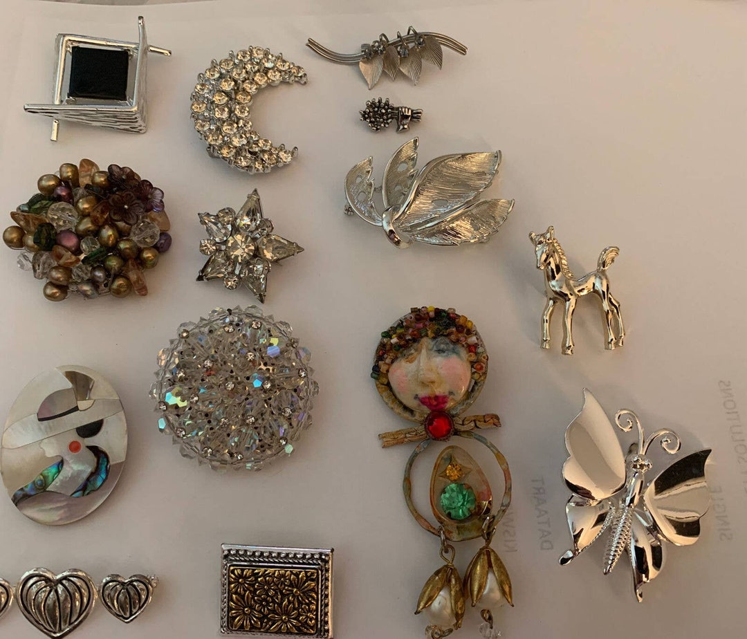 Lot of 14 Brooches Varied Subjects. Includes Rhinestones Best Etsy