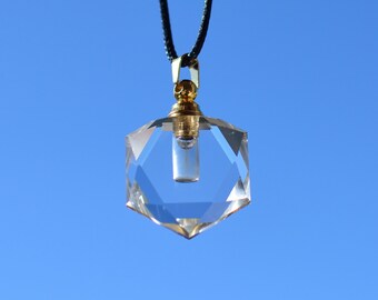 Silver Merkaba Quartz Crystal Necklace Pendant with Liquid Yellow Silver Plasma Water and Life Force Frequencies