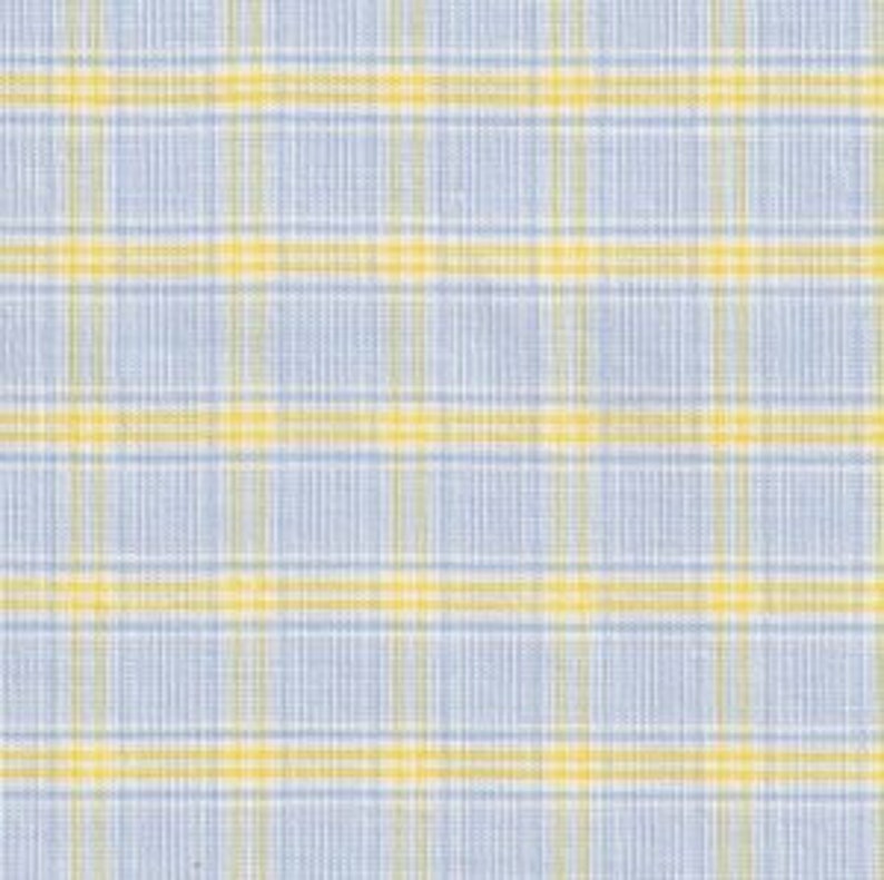 May include: A blue and yellow plaid fabric with a subtle texture.