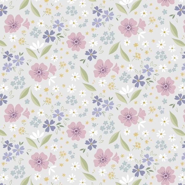 Pale Gray Blue Pink Floral Fabric Floral Song by Lewis & Irene