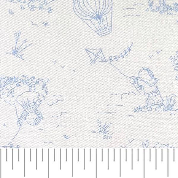 Children, Kites, and Hot Air Balloons Toile Fabric Blue and White by Fabric Finders