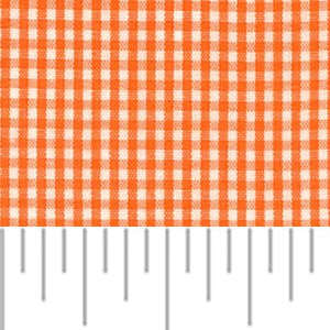 May include: Orange and white gingham fabric with a 1-inch repeat pattern. The fabric is shown with a ruler for scale.