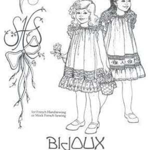 May include: A black and white line drawing of a sewing pattern for a girls' dress. The pattern is called "Bijoux Museum Dress" by Melissa Stone. The pattern includes sizes 1 through 7.