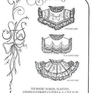 May include: A black and white illustration of a pattern package. The package includes drawings of three different yoke styles: pointed, scalloped, and round. The text reads "Pattern Package 1" and lists the contents as six basic yokes, sleeves, armhole/skirt guides, and an A-line slip.