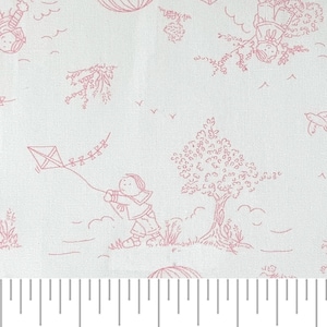 Children, Kites, and Hot Air Balloons Toile Fabric Pink and White by Fabric Finders
