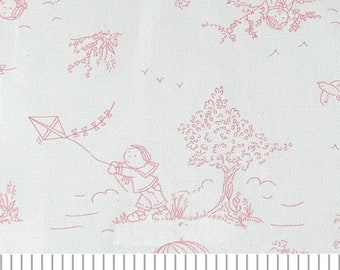 Children, Kites, and Hot Air Balloons Toile Fabric Pink and White by Fabric Finders