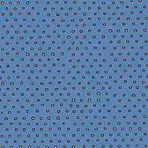 May include: A blue fabric with a white polka dot pattern. The dots are small and evenly spaced.