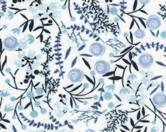 Blue and Lt Lavender Floral Print on White Fabric by Fabric Finders