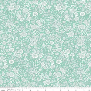 May include: A seamless fabric pattern featuring a white floral design on a light teal background. The pattern is made up of various sizes and shapes of flowers, leaves, and stems.