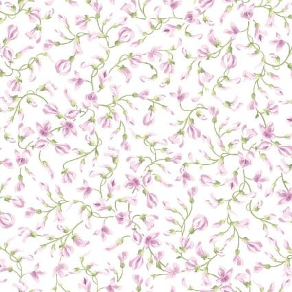 Sugar Lilac Buds Floral Fabric in White by Maywood Studio