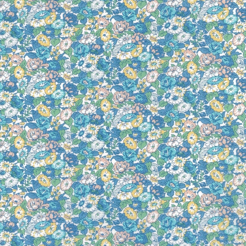 May include: A fabric with a dense floral pattern. The design features a variety of flowers in shades of blue, white, yellow, and pink, set against a white background. The flowers are tightly packed, creating a visually rich and detailed textile.