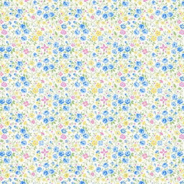 Nana Mae VII Wild Flowers Blue Pink and Cream Fabric by Henry Glass