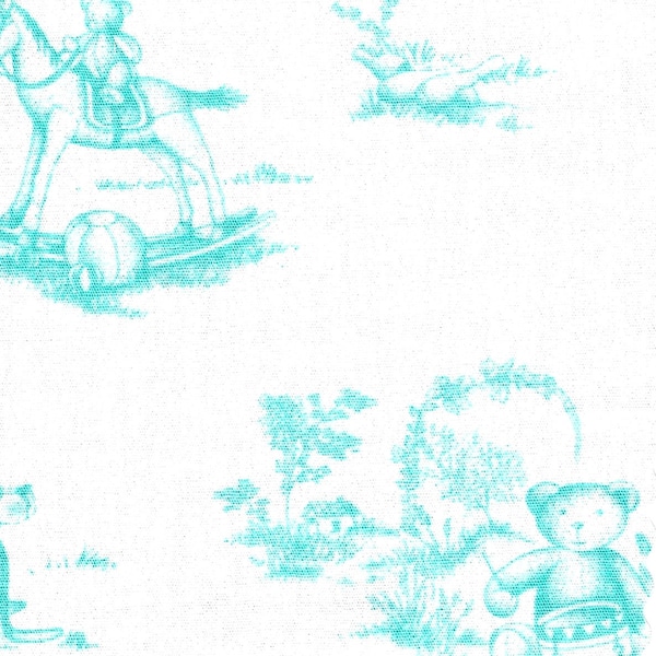 Rocking Horse and Teddy Bear Toile Fabric Aqua on White by Fabric Finders