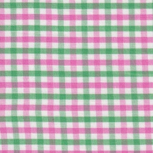 以下が含まれることがあります： 白地にピンクと緑のギンガムチェックの生地