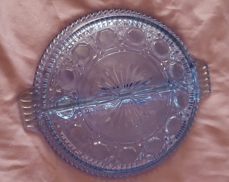 Crystal Blue Round Divided Serving Dish Indiana Glass Windsor Pattern Cane /& Button Candy Nut Relish Fruit Glassware 1960s Home Dining Decor