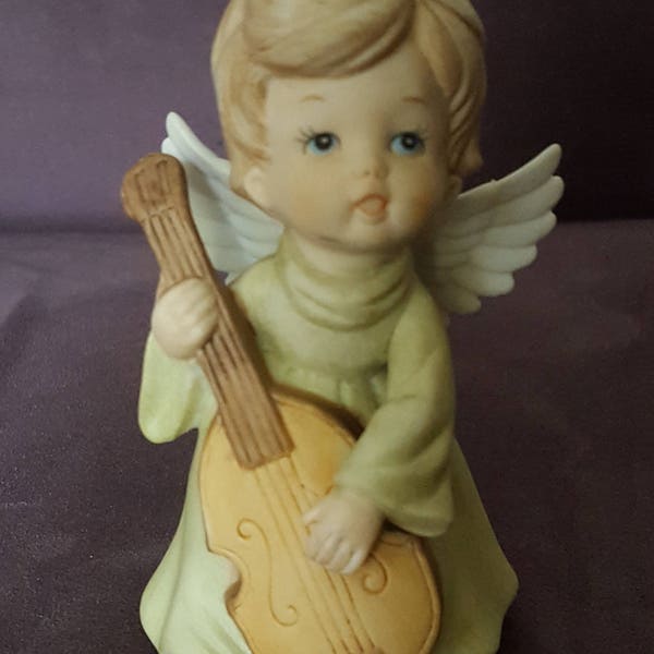 1986 Angel Lefton China handbeschilderd kroon symbool The Christopher collectie Cello blauwe ogen vleugels Collector Home Sweet decoratieve ondertekend
