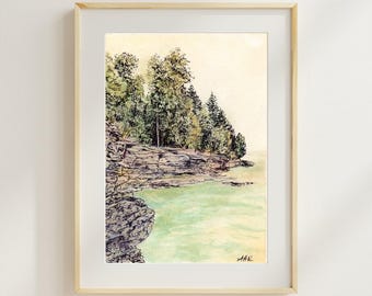 Cave Point State Park Kunstdruck // Door County Wisconsin Landschaft, Wanddekoration, Great Lakes Halbinsel Aquarell, Vintage Illustration