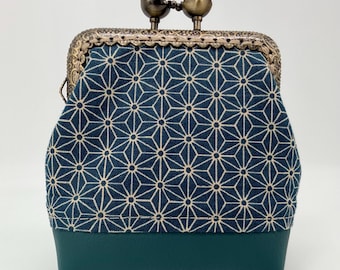 Clip-on fabric wallet for women, purse, coin purse, petrol blue, Japanese motif