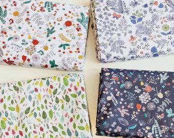 160cm wide botanical fabric, 100% cotton, flower, leaf and butterfly fabric available in 4 stunning designs. per fat quarter per half metre