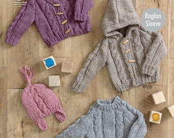 King Cole Baby Chunky Knitting Pattern Raglan Sleeve Round or V Neck Jumper 4584