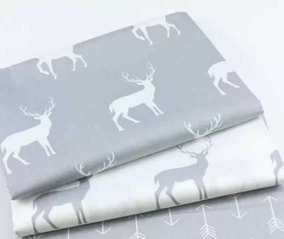 Deer Stag Print Fabric 100 Cotton Fabric In Grey Or Off Etsy