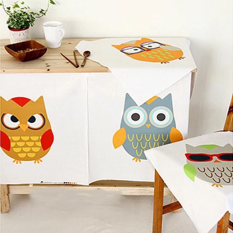 Owl print linen panel fabric with 2 owls/animal printed fabric/cushion fabric, childrens fabric, sold per panel image 1