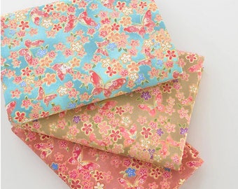 Oriental fabric, 100% cotton, Japanese, Turquoise /dusky pink/gold flower and butterfly fabric with satin sheen per fat quarter/half metre.