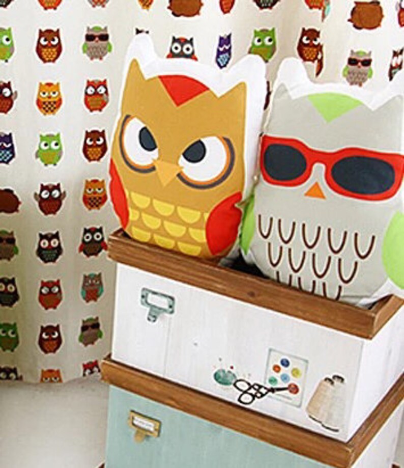 Owl print linen panel fabric with 2 owls/animal printed fabric/cushion fabric, childrens fabric, sold per panel image 6