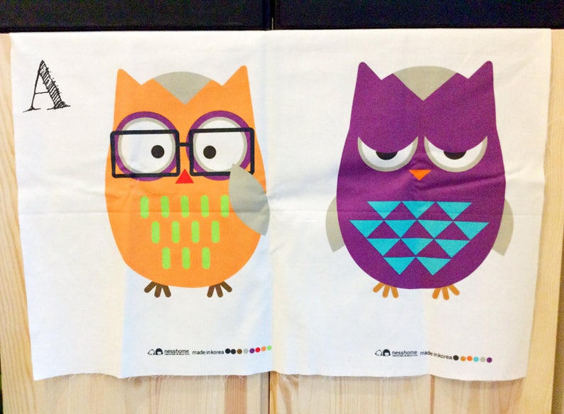 Owl print linen panel fabric with 2 owls/animal printed fabric/cushion fabric, childrens fabric, sold per panel image 2