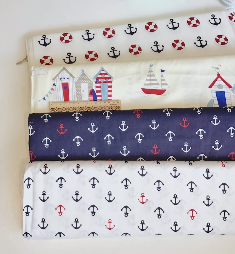 SOLD PER METRE Polycotton Fabric RED BLUE LIGHTHOUSE NAUTICAL Material CRAFTS