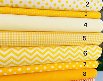 160cm width, Yellow and Orange fabric, 100 % Cotton, 11 designs, spots,stripe,check,chevron,triangle,plain fabric, by half meter/ meter