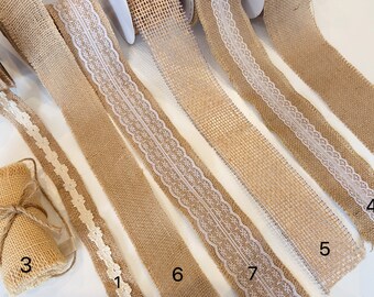 Hessian and Lace trims available in 5 designs sold per metre. Rustic trims, wedding trims, decorative trims