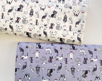 110cm wide Cat fabric, 100% cotton,Okeo tex ,Quirky fabric, animal fabric, grey/Ivory cat fabric, dressmaking, per fat quarter/ half meter