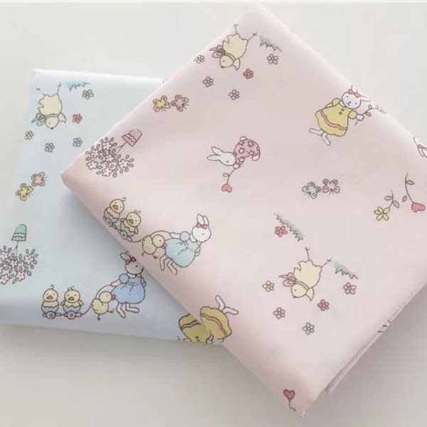 160cm width, Rabbit fabric, 100% cotton, baby bunnies, pink / blue.Babies fabric, nursery, kids fabric. per fat quarter / per half meter