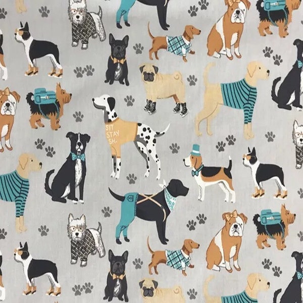 Dog print fabric 100% cotton, dressmaking, animal fabric, soft furnishings fabric, per fat quarter / per half metre / metre.