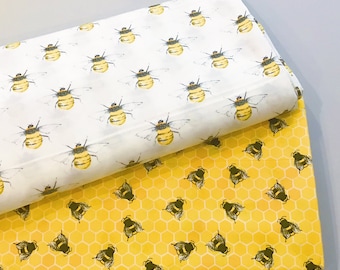 110cm wide Bumblebee Fabric, 100% cotton, Oeko Tex. 2 designs/  on cream,and on  honey fabric, animal fabric, per fat quarter/half meter