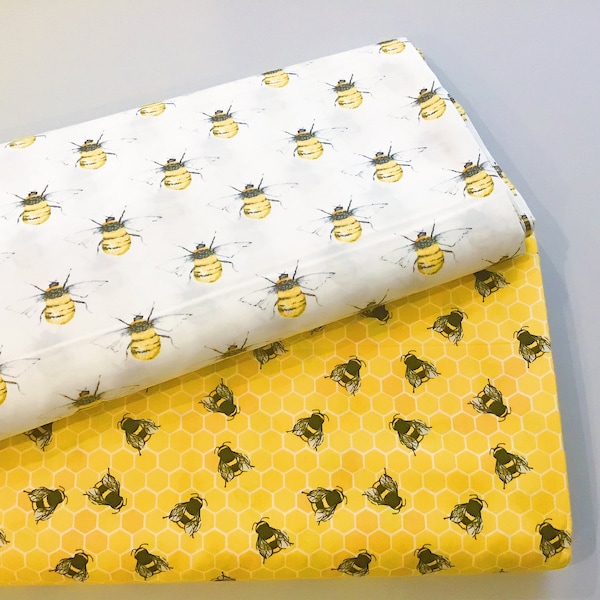 110cm wide Bumblebee Fabric, 100% cotton, Oeko Tex. 2 designs/  on cream,and on  honey fabric, animal fabric, per fat quarter/half meter