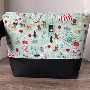 Sac de grande taille, sac de projet à tricoter, sac de projet, sac de projet à tricoter, sac à fermeture éclair, chiens, cirque, carnaval