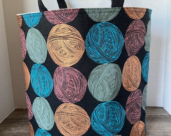 Bucket Tote, canvas bag, project bag, knitting project bag, yarn balls, metallic fabric