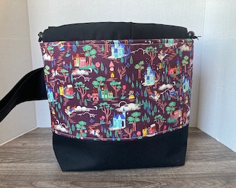 Drawstring Bag, Knitting Bag, Project Bag, Knitting Project Bag, Large Sized bag, Beauty and the beast, purple