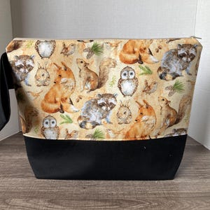 Sac de grande taille, sac à tricoter, sac de projet à tricoter, sac de projet, sac de projet à tricoter, sac à fermeture éclair, animaux, animaux de la forêt