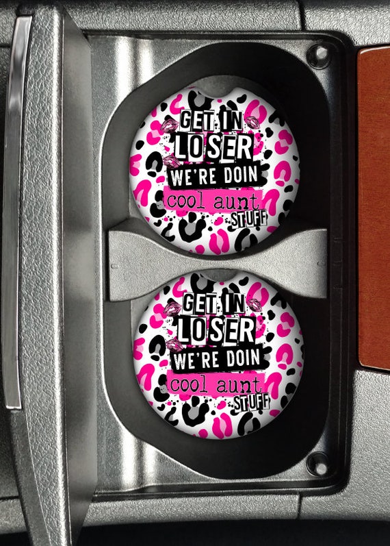 Get in Loser We're Doing Cool Aunt Stuff Neoprene Car Coasters Set of 2 Mean  Girls Pink & Black Leopard Print 