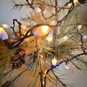 May include: Close-up of a decorative Christmas tree branch with pine needles, pine cones, and string lights. The lights are shaped like flames and have a warm, yellow glow. The branches are brown and the pine cones are a natural brown color.