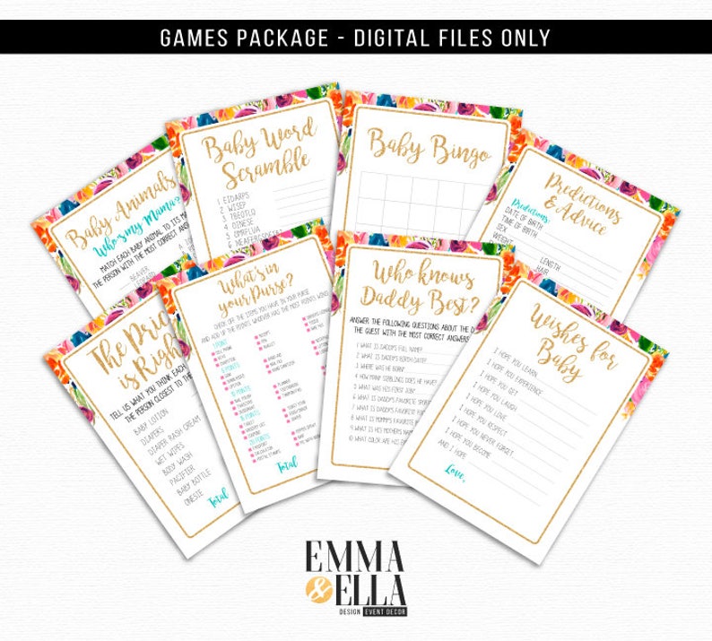 040 Baby Shower Games Package Orange Gold Green Floral Baby Shower Garden Pink Girl