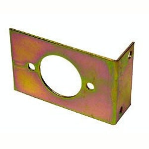 May include: A gold-colored metal bracket with a round hole in the center and two smaller holes on either side. The bracket has a right angle bend on one side.