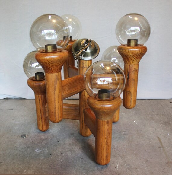 Mid Century Modern Oak 6 Light Chandelier