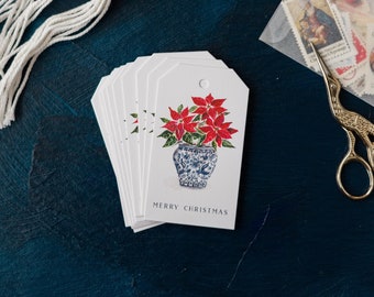 Ginger Jar Gift Tags - Poinsettias, Christmas Gift Tags, Holidays Gift Tags, Preppy Christmas Gift Tags, Gift Wrap Accent, Cute Tag